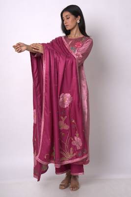 Fushia Pink and Beige Silk Velvet Salwar Suit 3