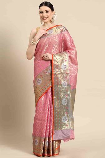 Silk Land  Pink  Woven Design Tissue Saree 