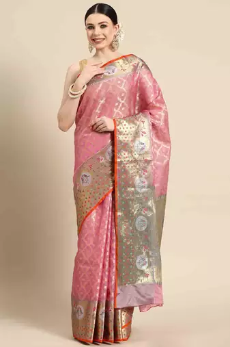 Silk Land  Pink  Woven Design Tissue Saree 