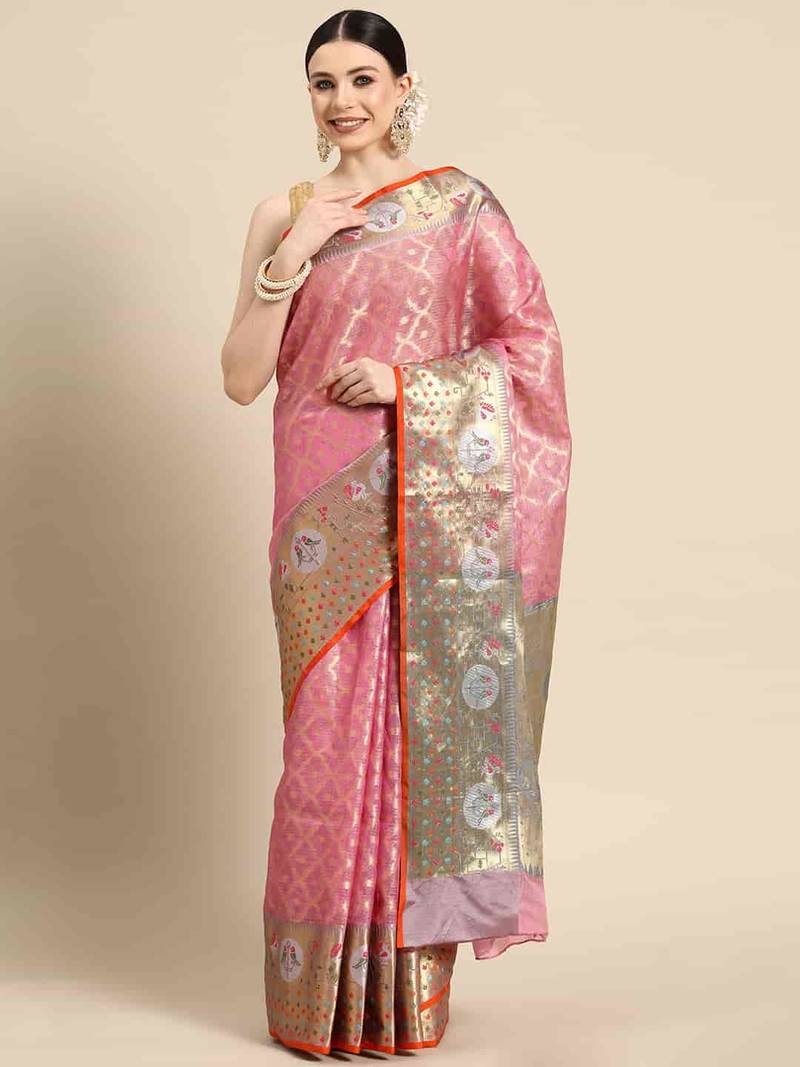 Silk Land  Pink  Woven Design Tissue Saree 
