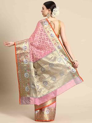 Silk Land  Pink  Woven Design Tissue Saree  2