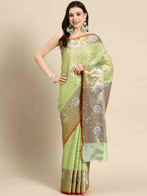 Silk Land  Parrot Green  Woven Design Tissue Saree  1