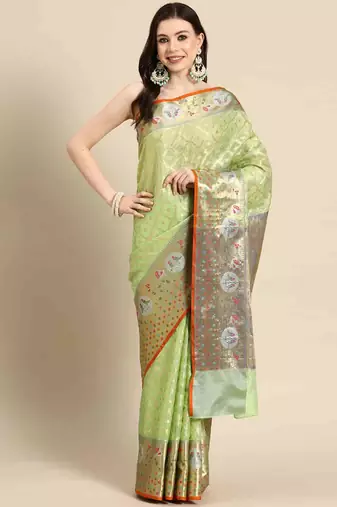 Silk Land  Parrot Green  Woven Design Tissue Saree 