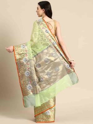 Silk Land  Parrot Green  Woven Design Tissue Saree  2