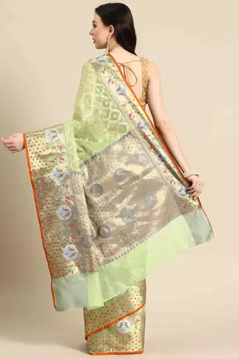 Silk Land  Parrot Green  Woven Design Tissue Saree 
