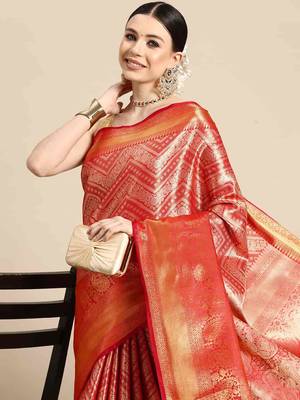 Silk Land  Red  Woven Design Brocade Saree  1