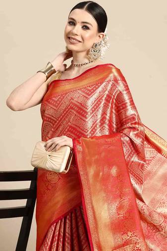 Silk Land  Red  Woven Design Brocade Saree 