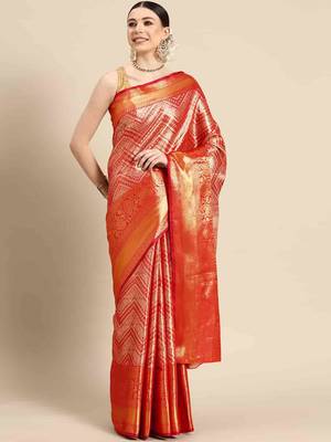 Silk Land  Red  Woven Design Brocade Saree  2