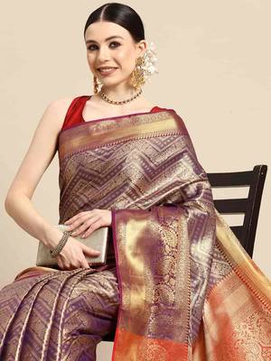 Silk Land  Purple  Woven Design Brocade Saree  1