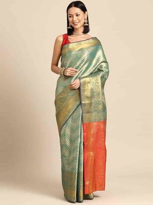 Silk Land  Teal  Woven Design Brocade Saree  1