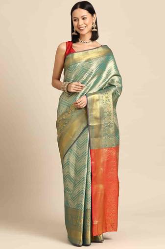 Silk Land  Teal  Woven Design Brocade Saree 