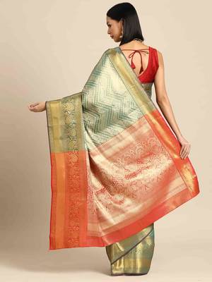Silk Land  Teal  Woven Design Brocade Saree  2