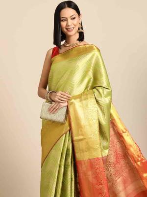 Silk Land  Parrot Green  Woven Design Brocade Saree  1