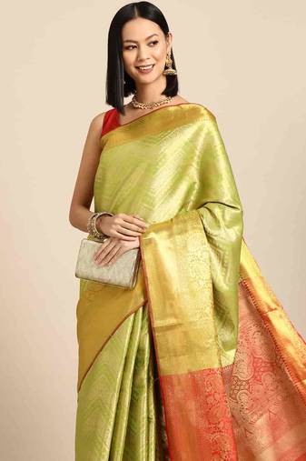 Silk Land  Parrot Green  Woven Design Brocade Saree 