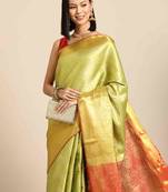 Silk Land  Parrot Green  Woven Design Brocade Saree 