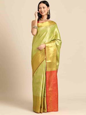 Silk Land  Parrot Green  Woven Design Brocade Saree  2