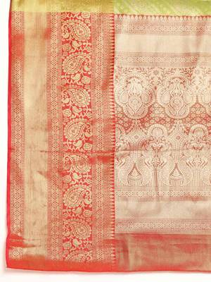 Silk Land  Parrot Green  Woven Design Brocade Saree  5