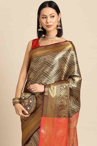 Silk Land  Black  Woven Design Brocade Saree 