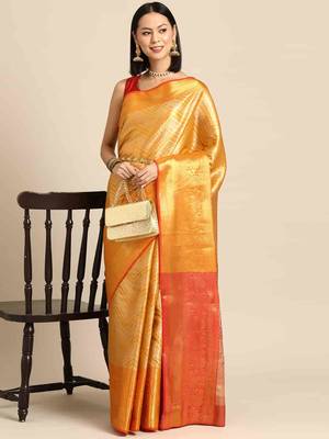 Silk Land  Yellow  Woven Design Brocade Saree  1
