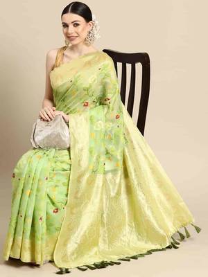 Silk Land  Parrot Green  Woven Design Pure Cotton Saree  1