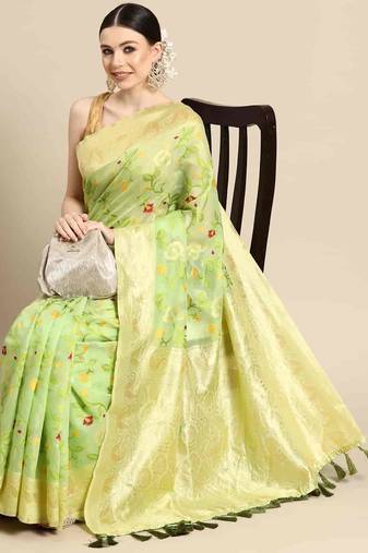 Silk Land  Parrot Green  Woven Design Pure Cotton Saree 