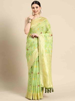 Silk Land  Parrot Green  Woven Design Pure Cotton Saree  2