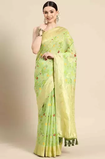 Silk Land  Parrot Green  Woven Design Pure Cotton Saree 