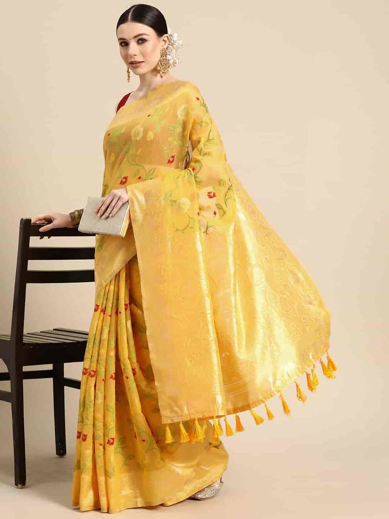 Silk Land  Yellow  Woven Design Pure Cotton Saree 