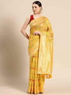 Silk Land  Yellow  Woven Design Pure Cotton Saree  2