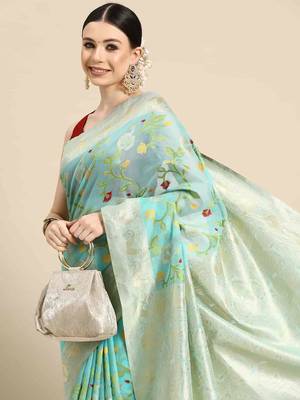 Silk Land  teal  woven design pure cotton saree  1