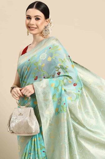 Silk Land  teal  woven design pure cotton saree 