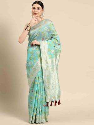 Silk Land  teal  woven design pure cotton saree  2
