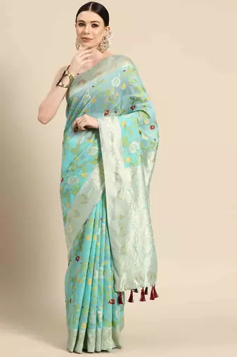 Silk Land  teal  woven design pure cotton saree 