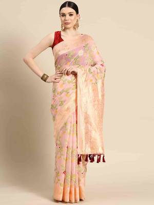 Silk Land  Light Pink  Woven Design Pure Cotton Saree  1