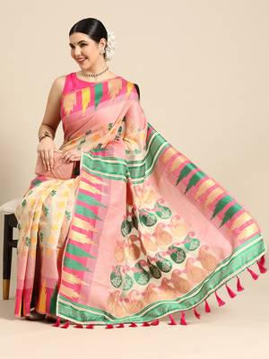 Silk Land  Pink  Woven Design Pure Cotton Saree  1