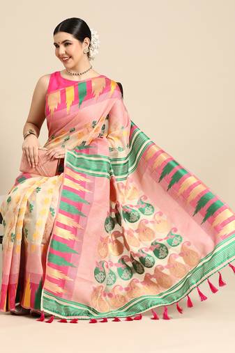 Silk Land  Pink  Woven Design Pure Cotton Saree 