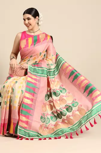 Silk Land  Pink  Woven Design Pure Cotton Saree 