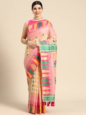 Silk Land  Pink  Woven Design Pure Cotton Saree  2