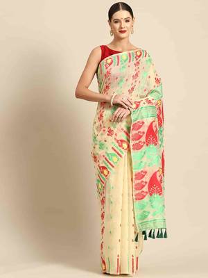 Silk Land  Beige  Woven Design Pure Cotton Saree  1