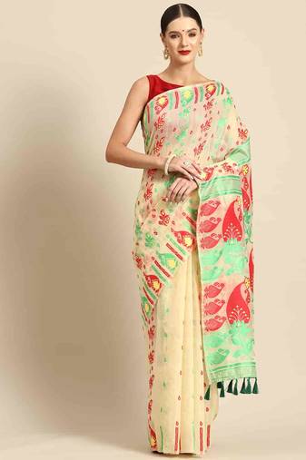 Silk Land  Beige  Woven Design Pure Cotton Saree 