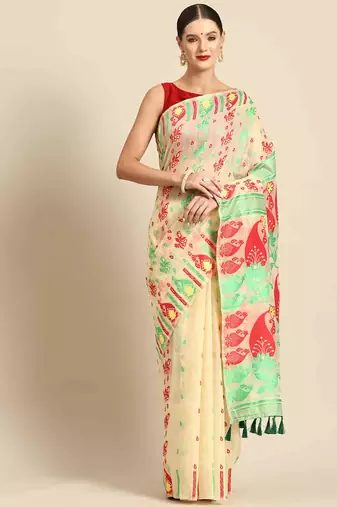 Silk Land  Beige  Woven Design Pure Cotton Saree 