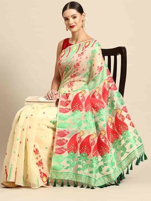 Silk Land  Beige  Woven Design Pure Cotton Saree  2