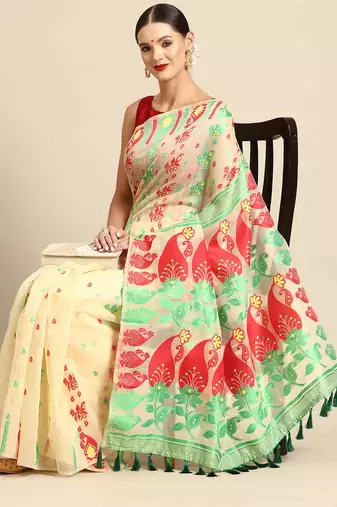 Silk Land  Beige  Woven Design Pure Cotton Saree 