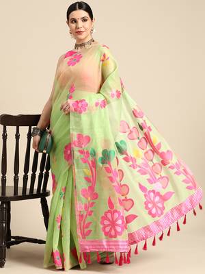 Silk Land  Green  Woven Design Pure Cotton Saree  1