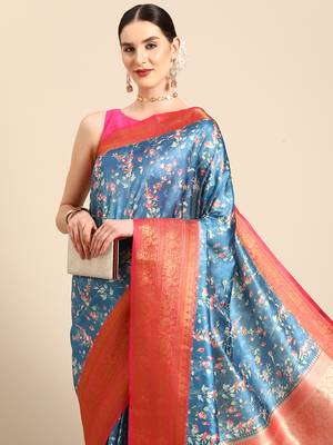 Silk Land  Turquoise Blue  Digital Print Art Silk Saree  1