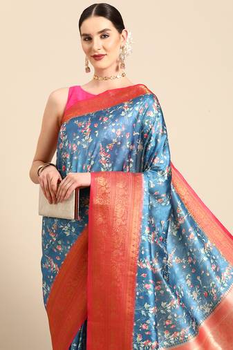 Silk Land  Turquoise Blue  Digital Print Art Silk Saree 