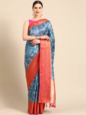 Silk Land  Turquoise Blue  Digital Print Art Silk Saree  2