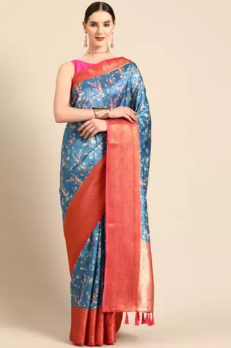 Silk Land  Turquoise Blue  Digital Print Art Silk Saree 