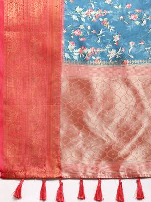 Silk Land  Turquoise Blue  Digital Print Art Silk Saree  5