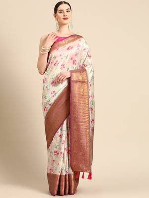 Silk Land  Beige  Digital Print Art Silk Saree  1